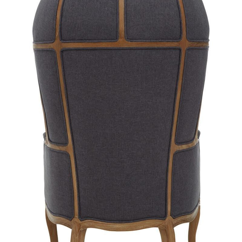 Back view of dome chair with dark grey upholstery and exposed wooden frame