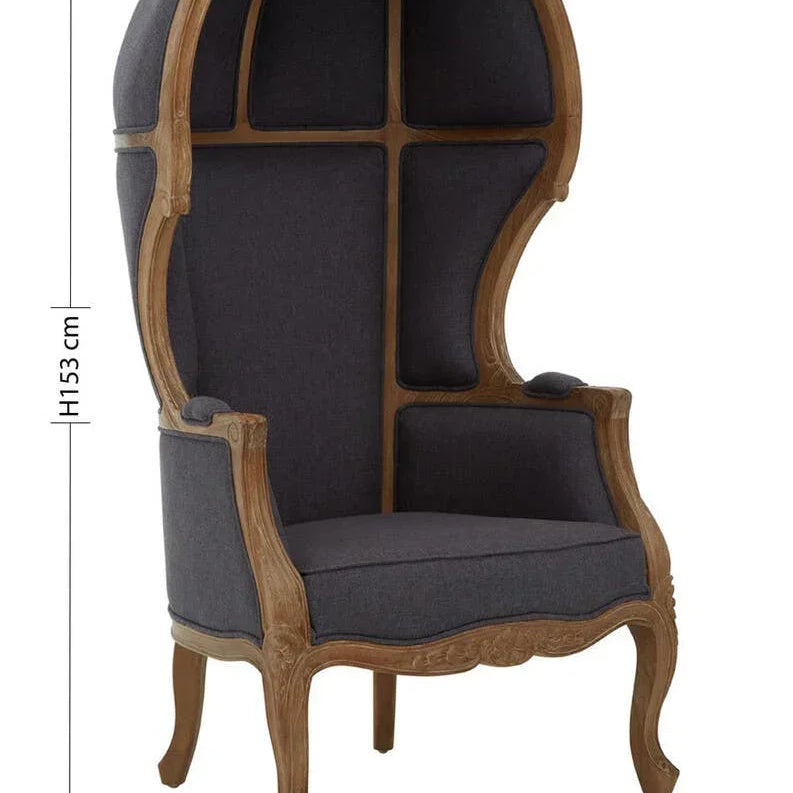 High back dome chair with dark upholstery and carved wood frame, dimensions 80x75x153cm