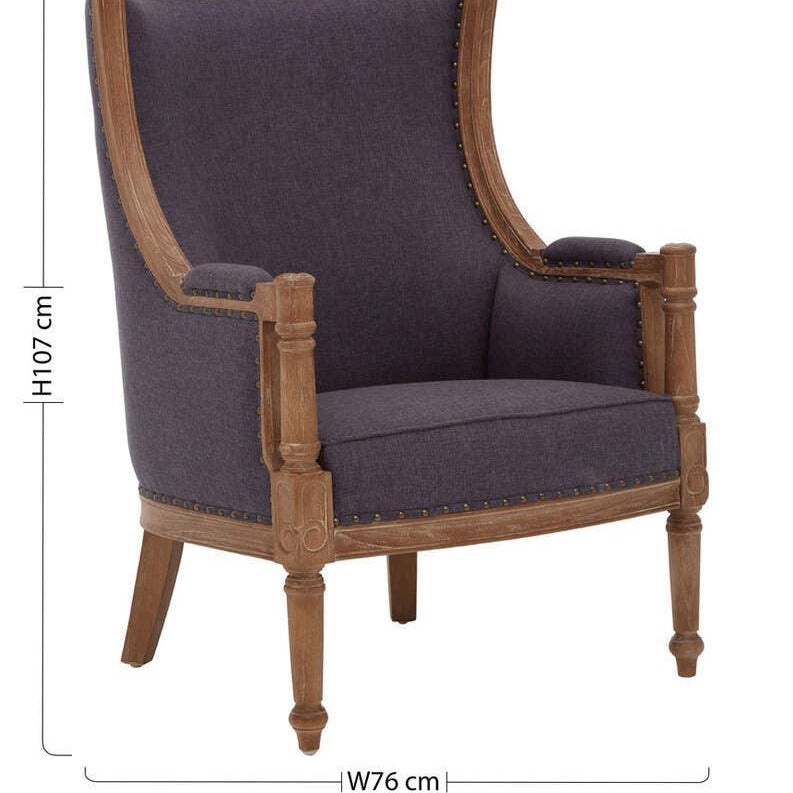Dark grey upholstered armchair with wooden frame, stud detailing, and dimensions labeled