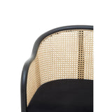 Rattan accent chair with black frame and woven cane backrest, close-up view