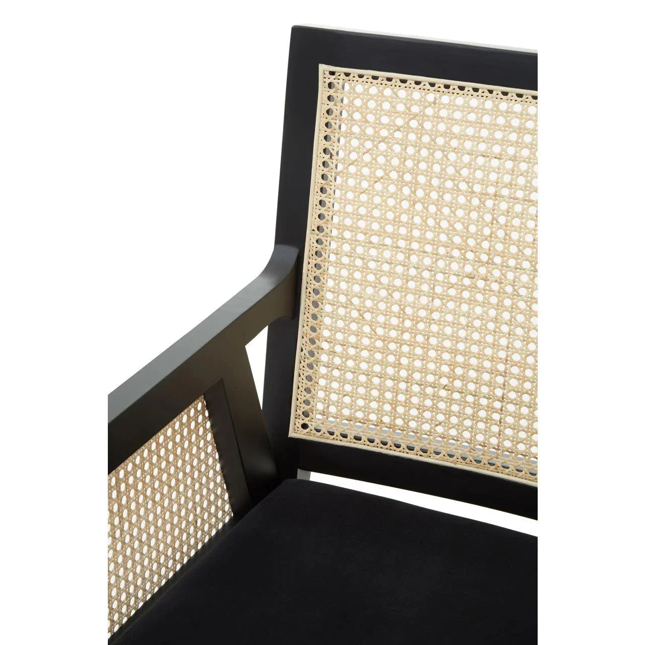 Black wood armchair with rattan back and armrest panels, black upholstered seat detail