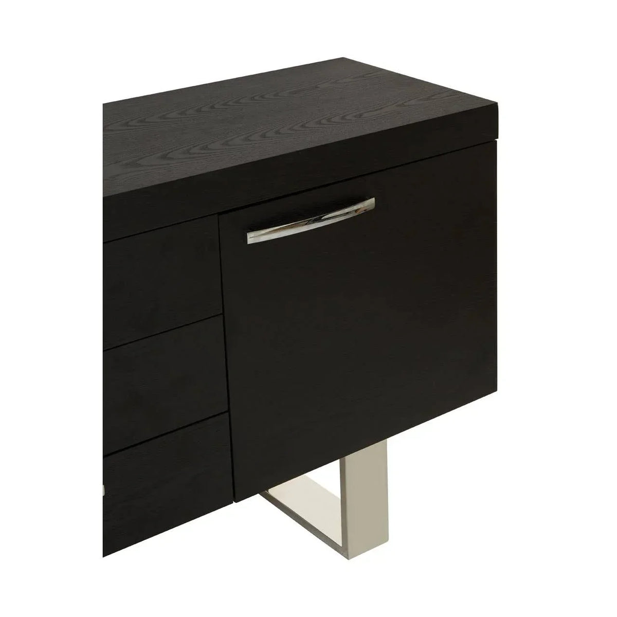 Black wood sideboard with chrome handle and metal leg, close-up of drawers and door