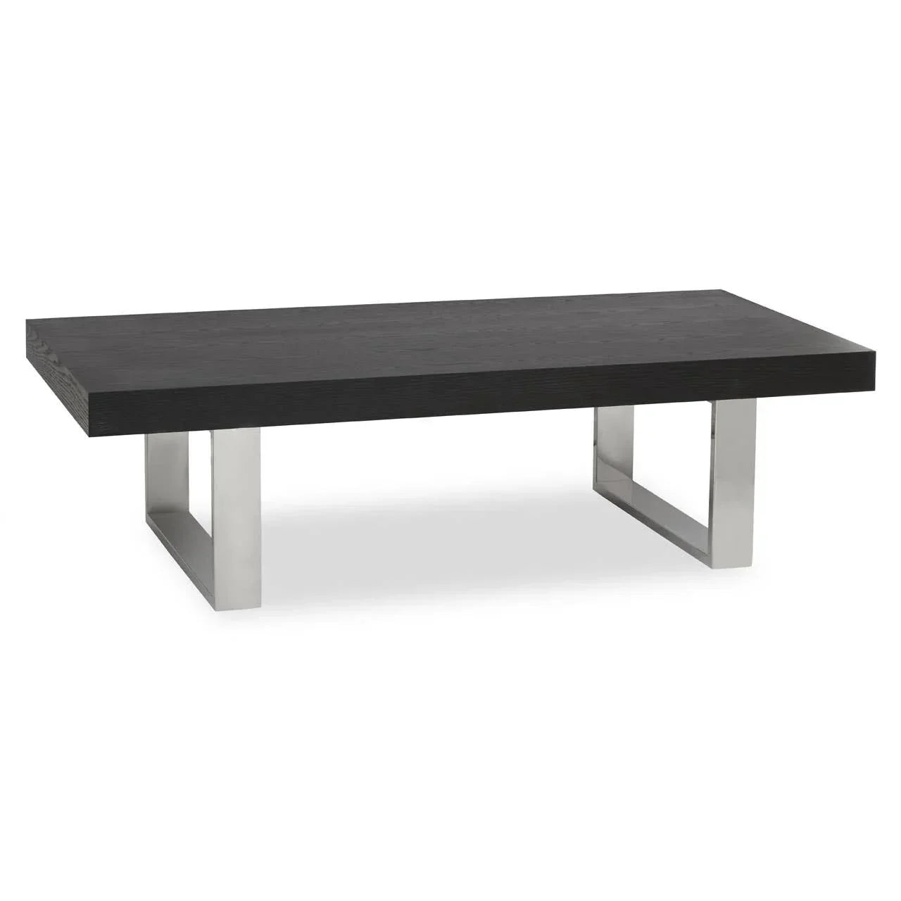 Modern coffee table with black wood top and stainless steel legs, rectangular design