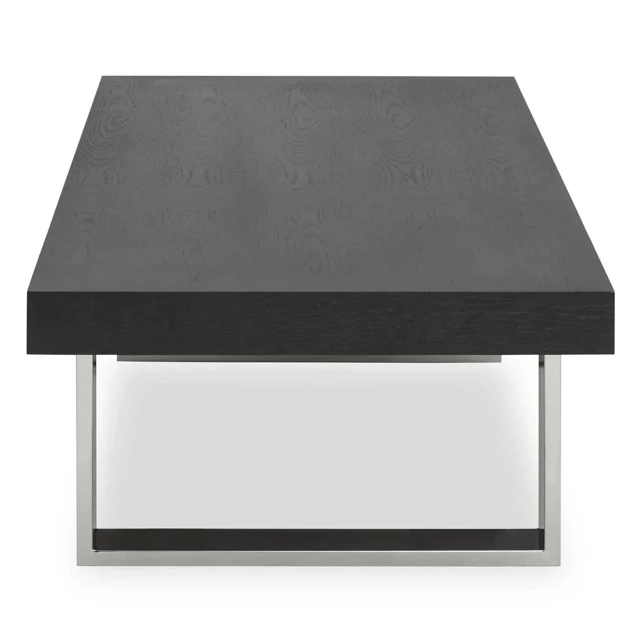 Rectangular black coffee table with chrome metal legs, front view