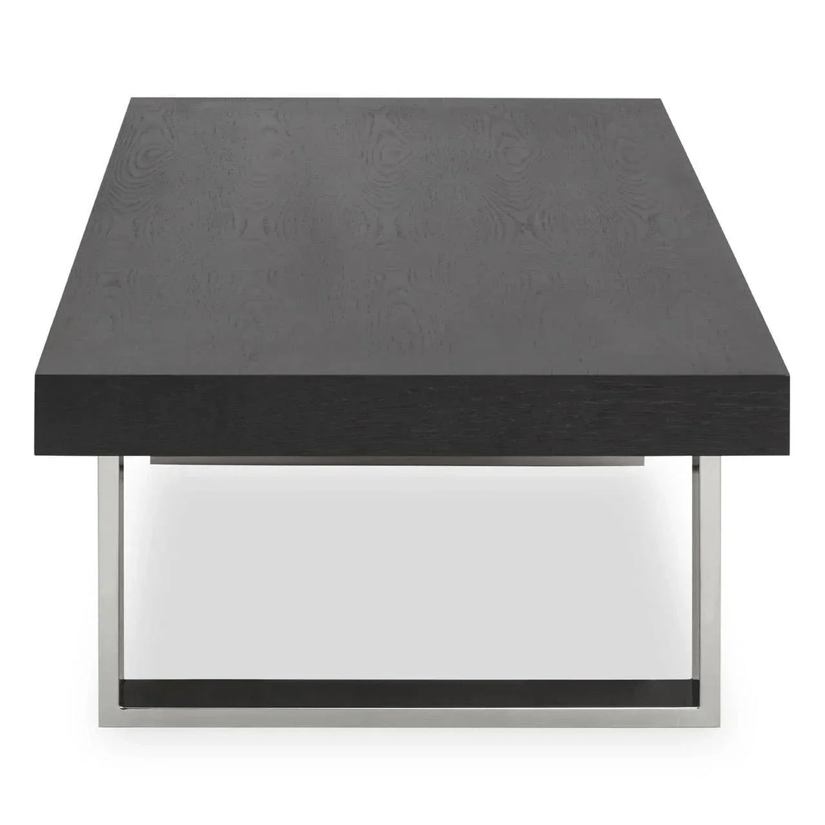 Rectangular black coffee table with chrome metal legs, front view