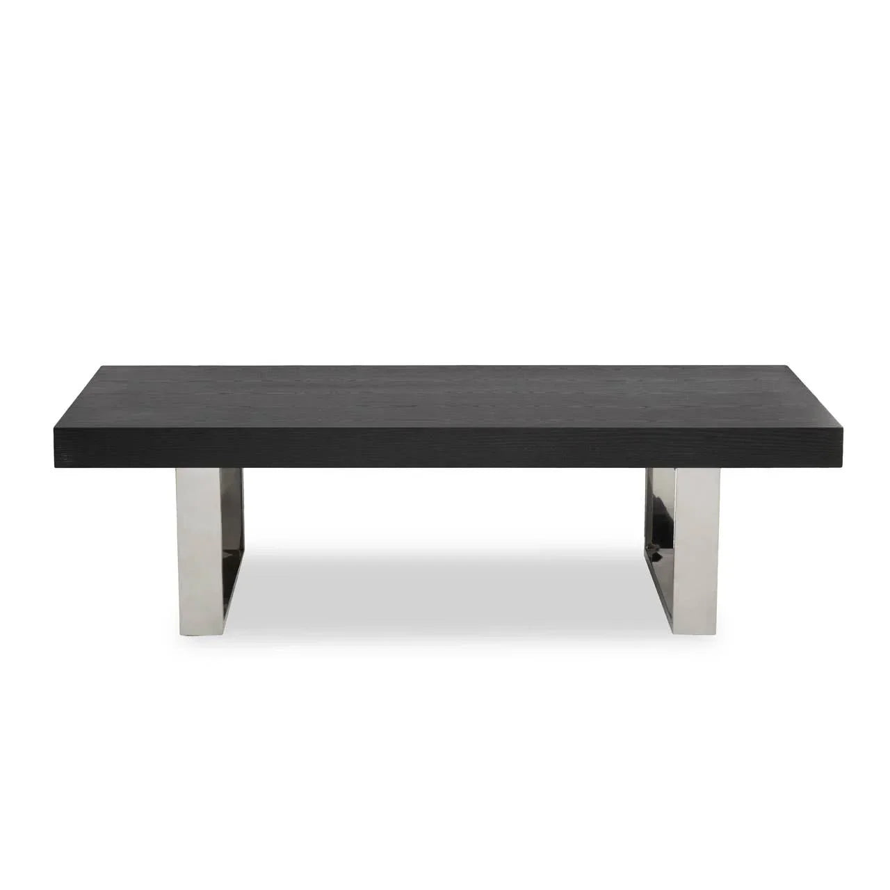Black coffee table with rectangular wood top and chrome metal legs, front view
