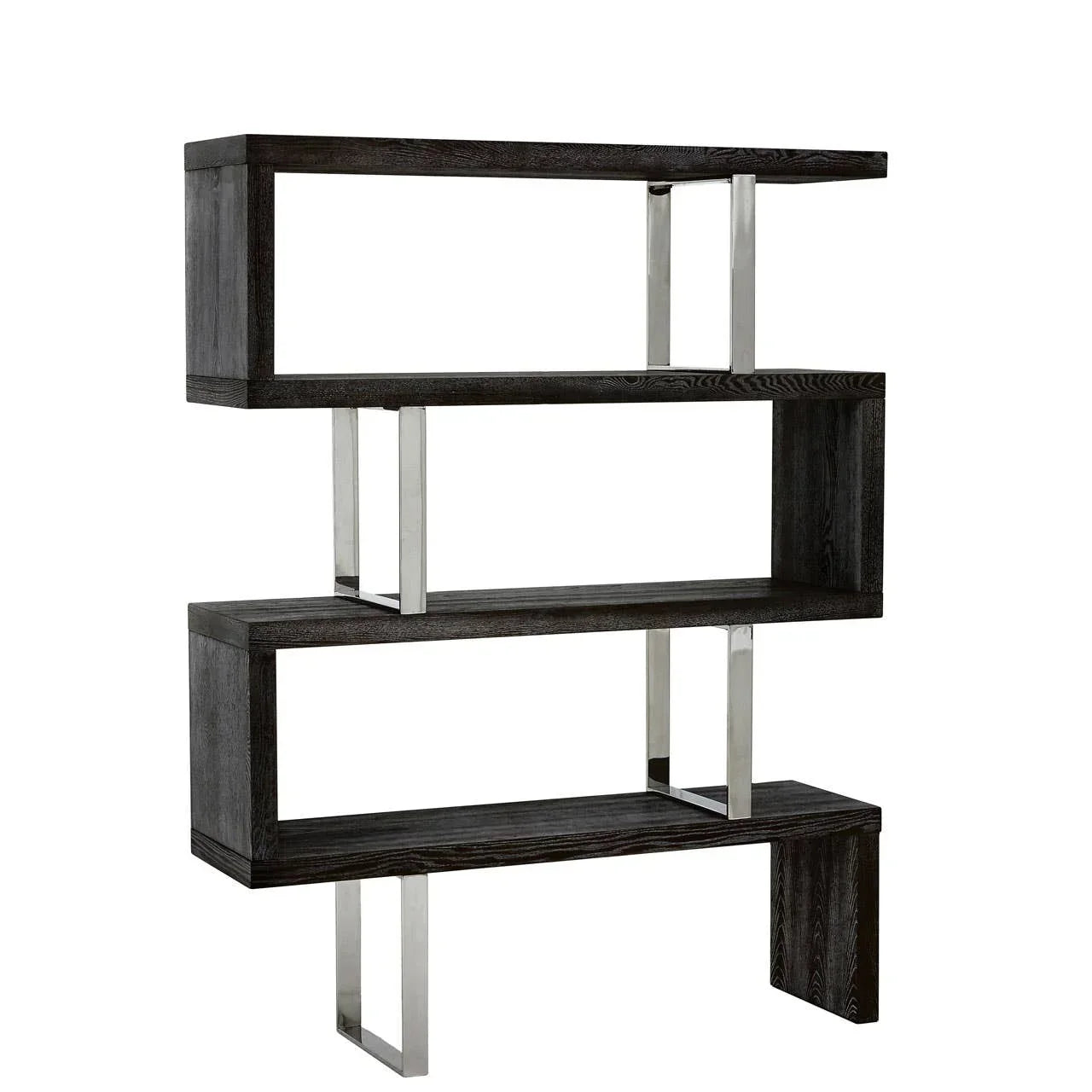 Modern black wood bookcase with open shelving and chrome legs, side view