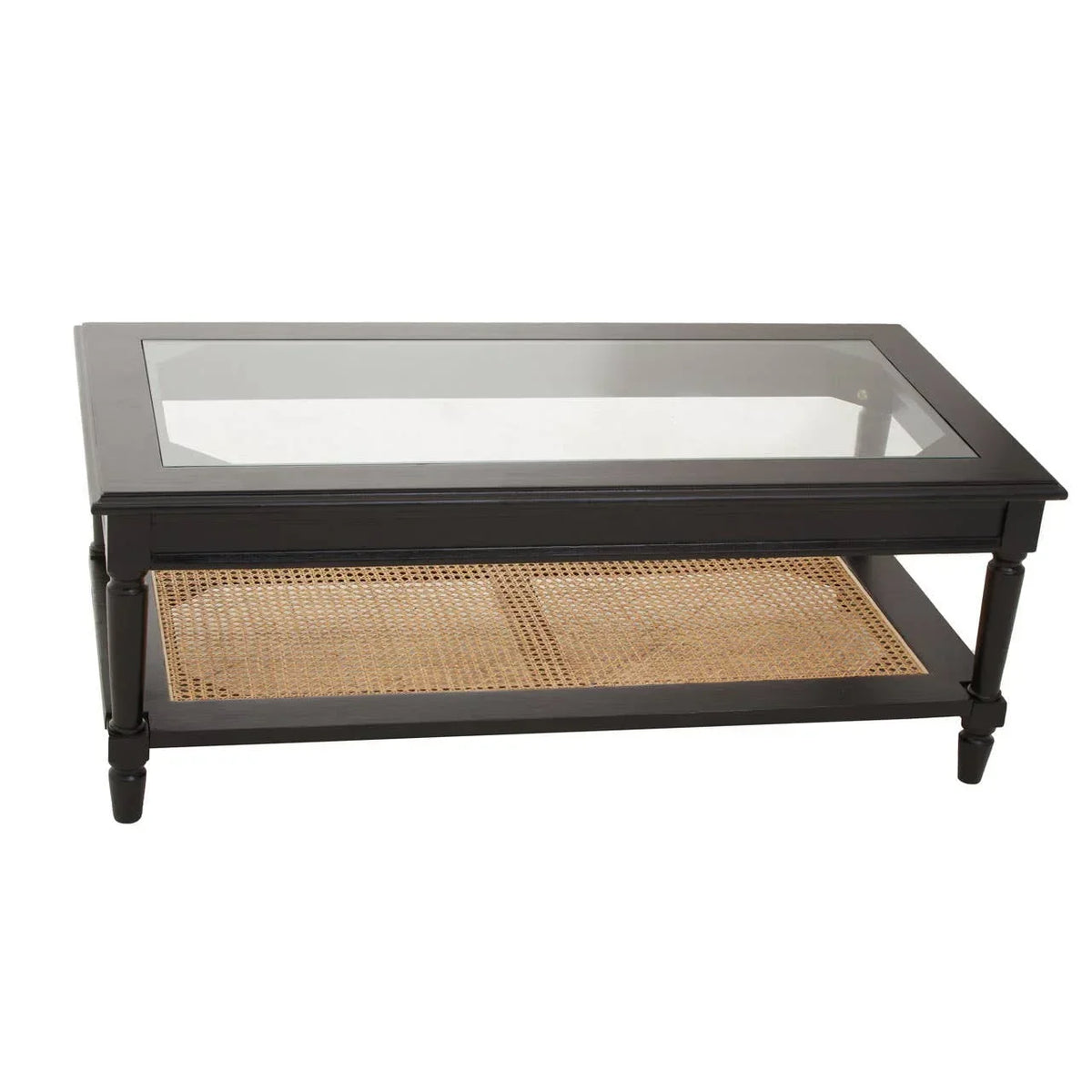 Black wooden coffee table with glass top and rattan shelf underneath