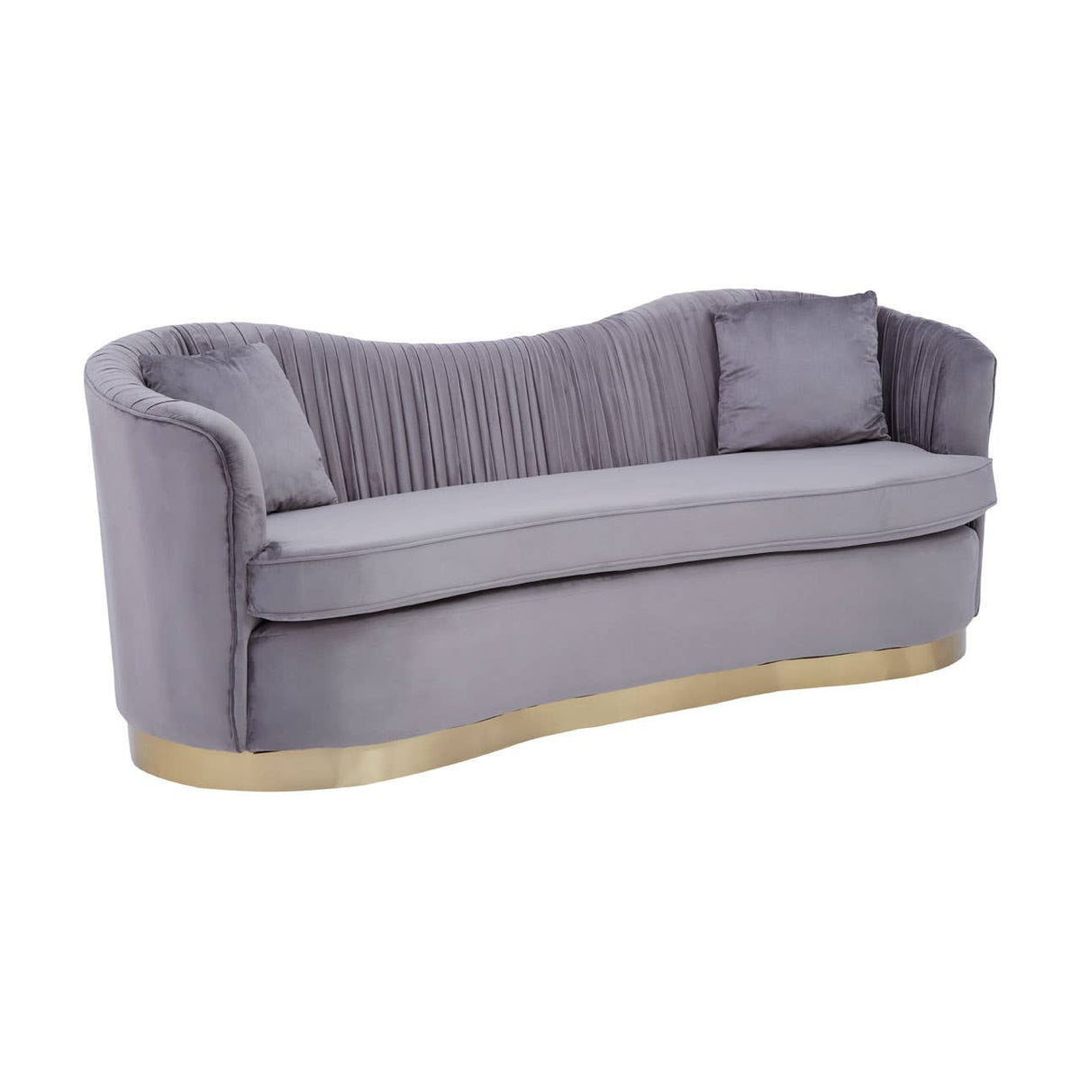 A three-seat sofa upholstered in soft grey pleated velvet, featuring a curved backrest and plush cushions. The base is elegantly designed with a gold trim, adding a touch of sophistication