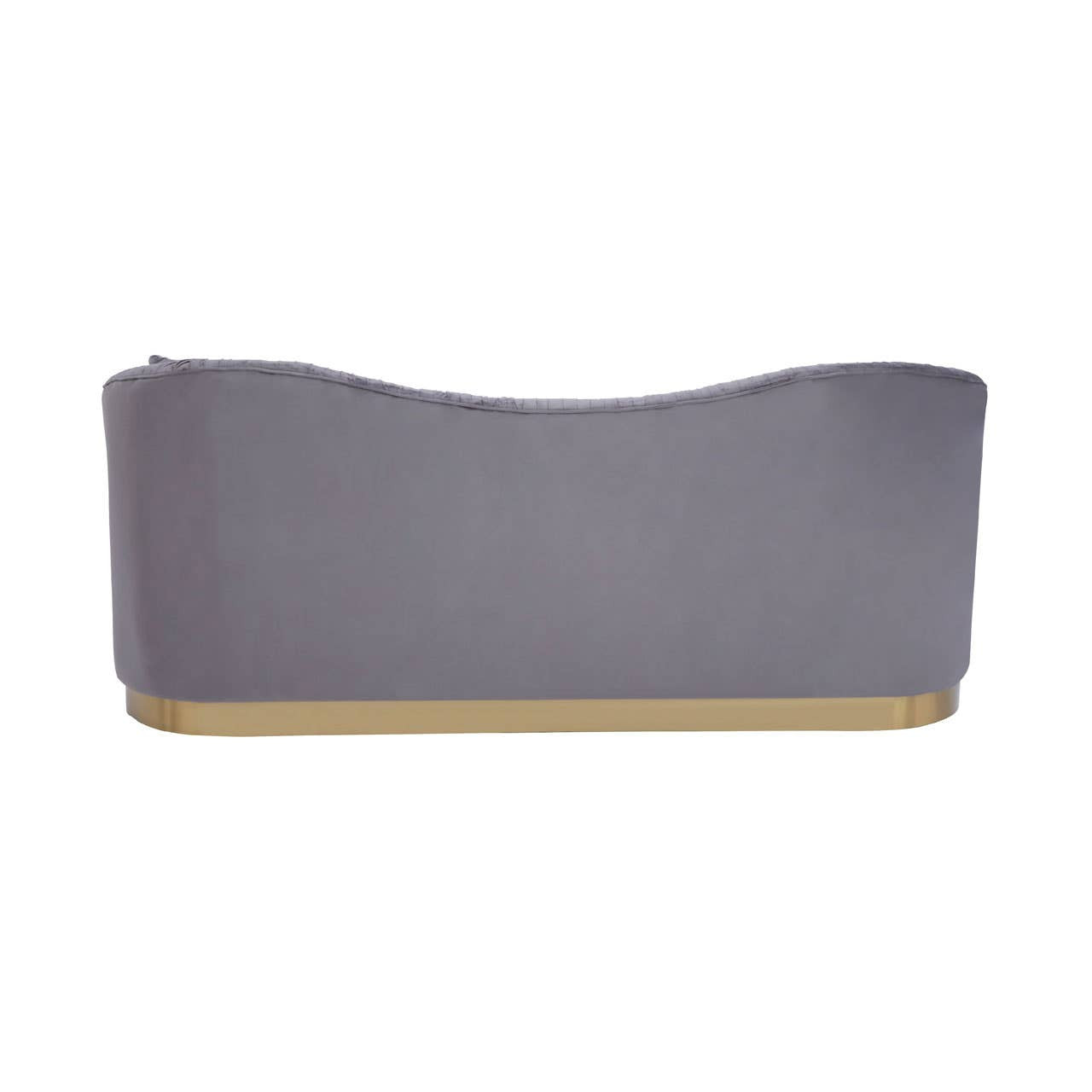 A three-seat sofa upholstered in soft grey pleated velvet, featuring a curved backrest and a sleek gold base. The design is modern and elegant, suitable for contemporary living spaces