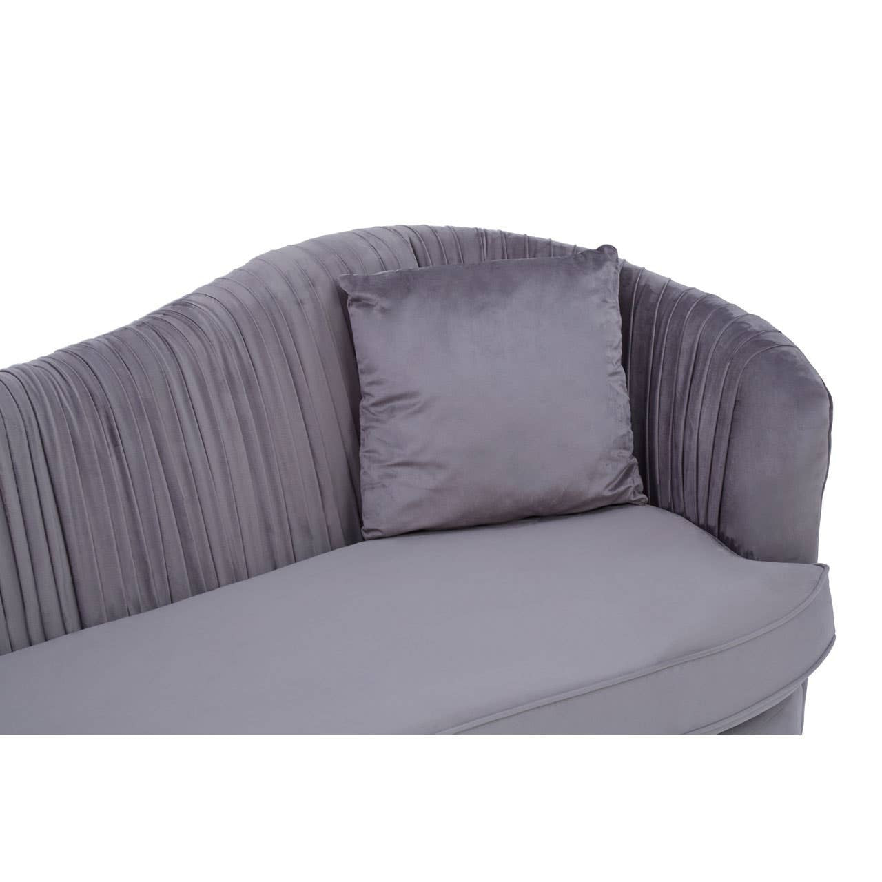 Pleated grey velvet sofa with a curved back and a single matching cushion on the seat, showcasing a soft and luxurious texture