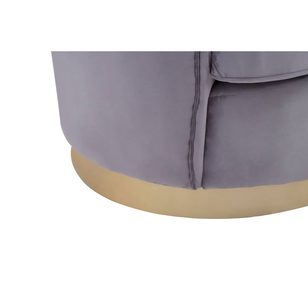 Close-up view of the base of a grey pleated velvet sofa, featuring a smooth, light wooden bottom and soft fabric texture