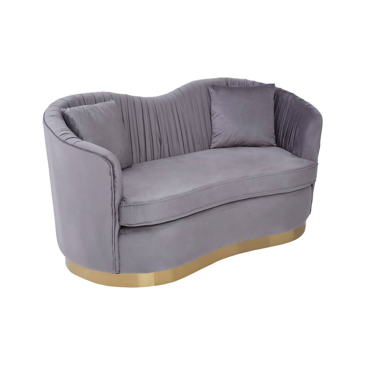 A two-seat sofa upholstered in soft grey pleated velvet, featuring a curved backrest and two matching cushions. The base is elegantly finished in gold, adding a touch of sophistication to the design