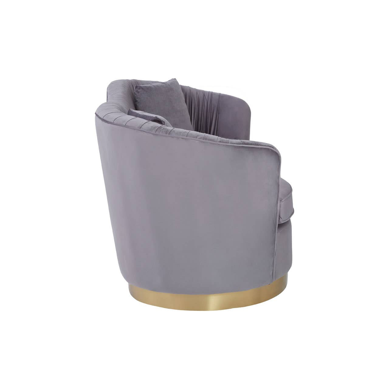 Pleated velvet sofa in a soft grey color, featuring a rounded backrest and a sleek gold base, showcasing a modern and elegant design suitable for home decor