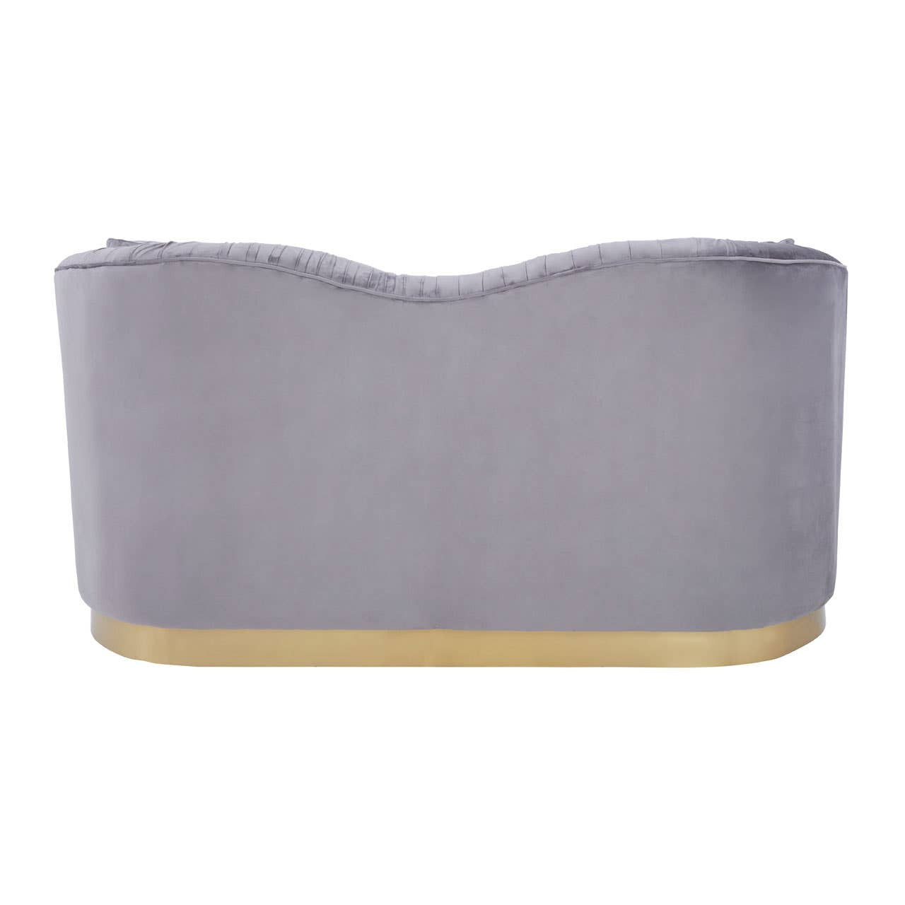 Pleated grey velvet two-seat sofa with a curved backrest and a gold-colored base. The soft fabric has a luxurious sheen, and the overall design is modern and elegant