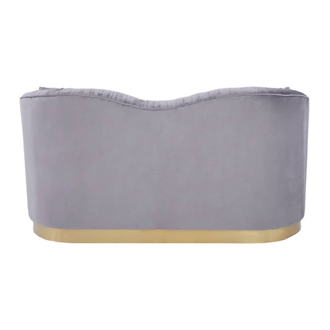 Pleated grey velvet two-seat sofa with a curved backrest and a gold-colored base. The soft fabric has a luxurious sheen, and the overall design is modern and elegant