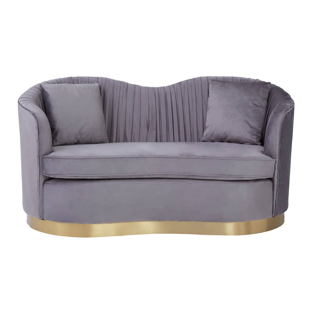 Grey pleated velvet sofa with a curved backrest, two plush cushions, and a gold-toned base, designed for two seating
