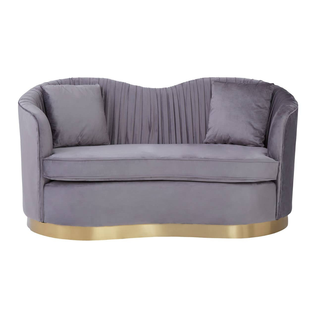 Grey pleated velvet sofa with a curved backrest, two plush cushions, and a gold-toned base, designed for two seating