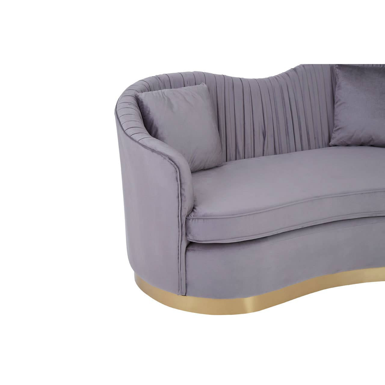 Grey pleated velvet sofa with a curved design, featuring a plush seat and backrest, complemented by a gold base. One decorative cushion is visible on the seat