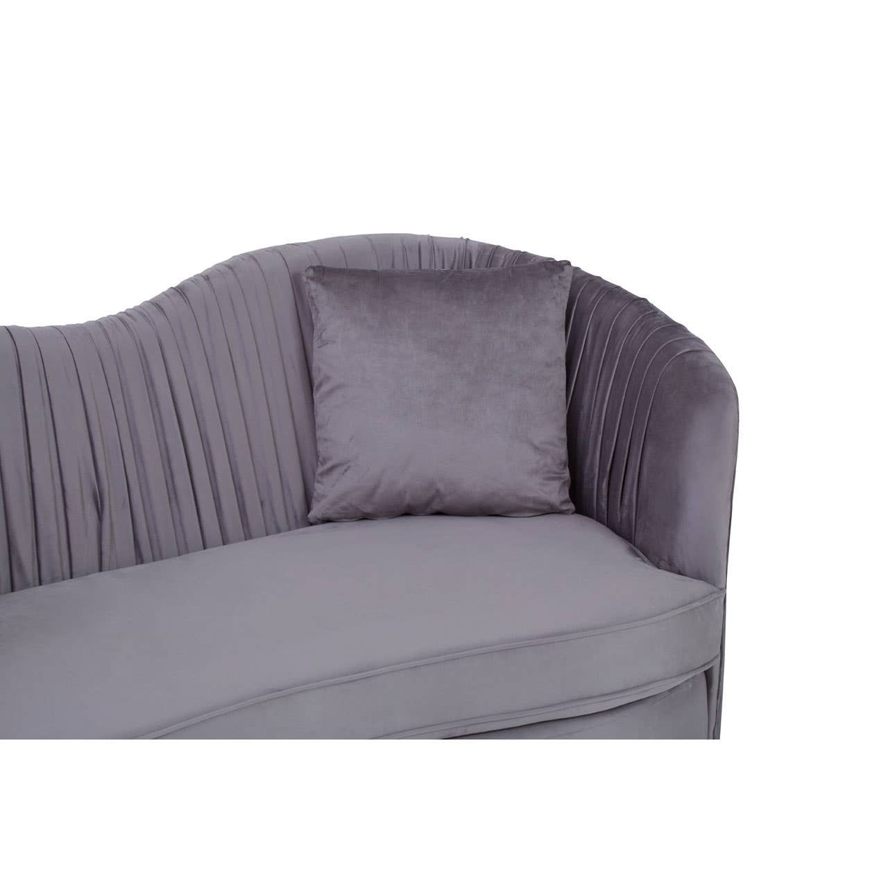 A grey pleated velvet sofa with a curved backrest and a square cushion, showcasing a soft texture and elegant design. The seat is spacious, emphasizing comfort and style
