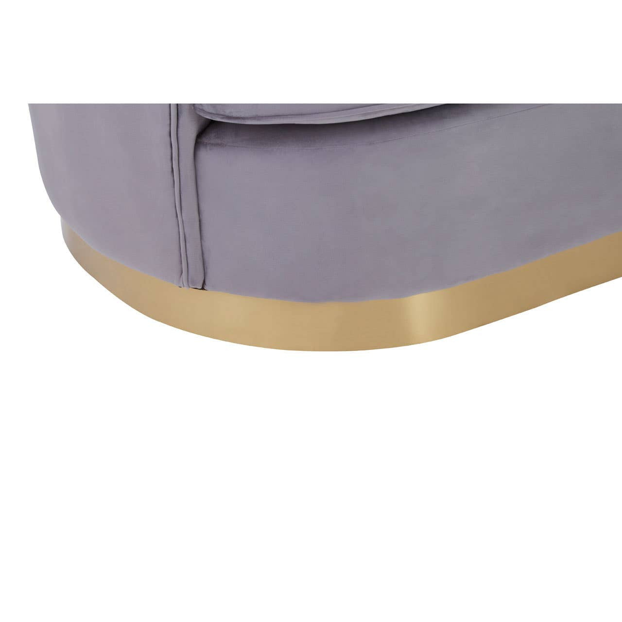 Close-up view of the bottom edge of a grey pleated velvet sofa featuring a sleek, curved design and a gold-colored base. The fabric appears soft and luxurious, highlighting the pleated texture