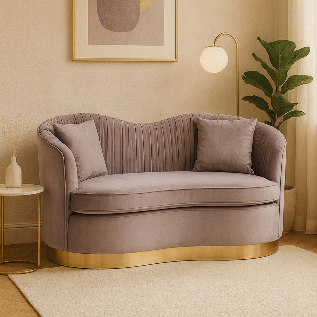 A grey pleated velvet sofa with a curved backrest and two matching cushions, set on a gold base. The sofa is positioned in a cozy living space with a light-colored rug, a potted plant, and a wall lamp in the background