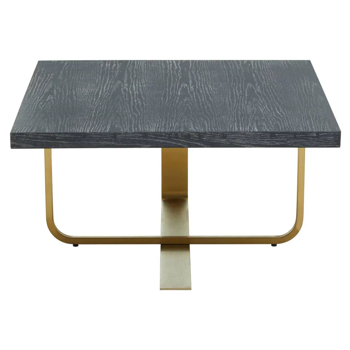 Rectangular coffee table with dark wood effect top and gold metal base, front view