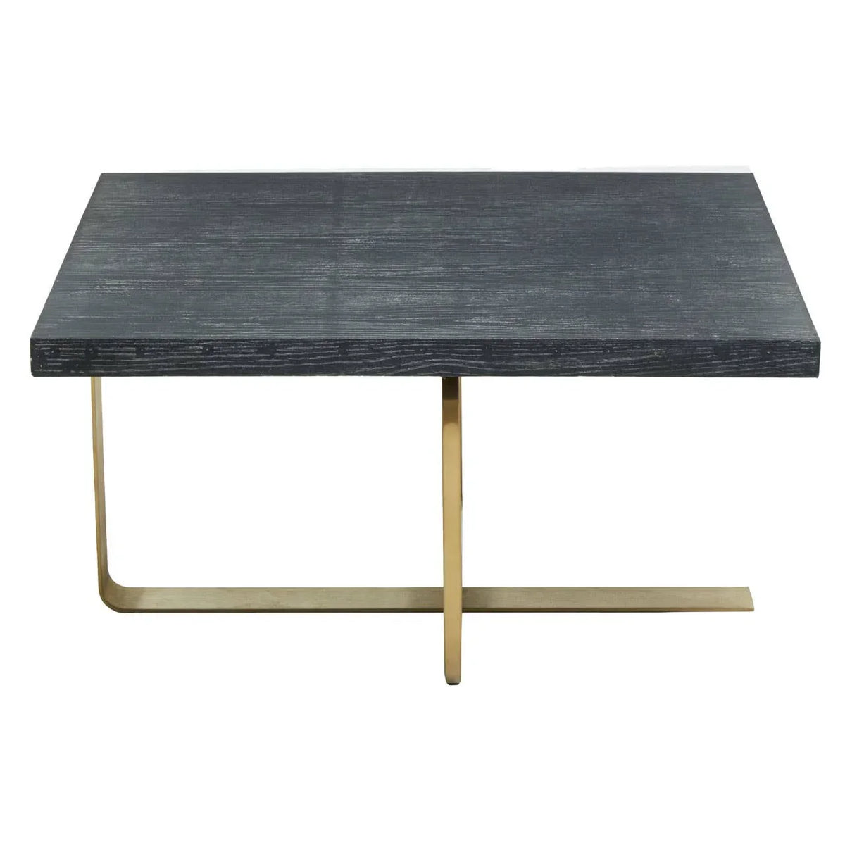 Rectangular coffee table with dark wood top and gold metal cross base, front view
