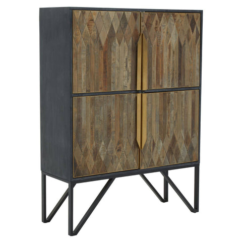 Textured wooden cabinet featuring a natural wood finish with a geometric pattern on the doors, complemented by a sleek gold handle. The cabinet is supported by a modern black metal frame with angled legs, creating a stylish contrast