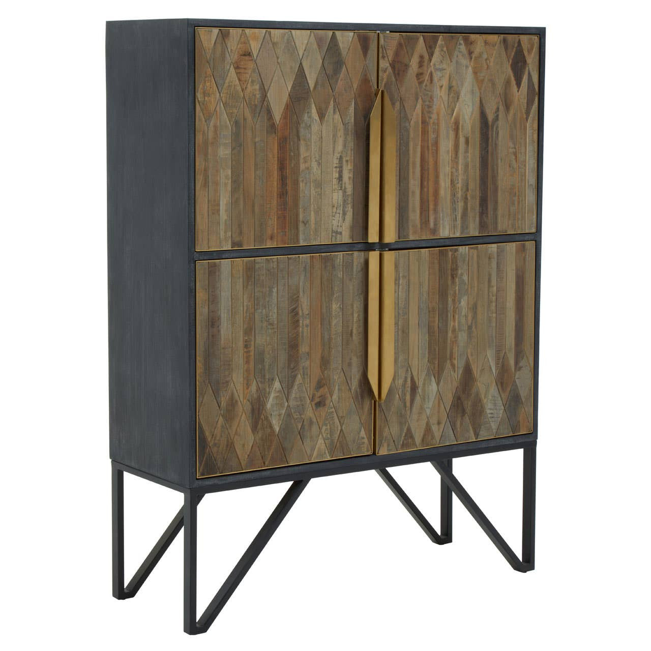 Textured wooden cabinet featuring a natural wood finish with a geometric pattern on the doors, complemented by a sleek gold handle. The cabinet is supported by a modern black metal frame with angled legs, creating a stylish contrast