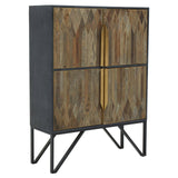 Textured wooden cabinet featuring a natural wood finish with a geometric pattern on the doors, complemented by a sleek gold handle. The cabinet is supported by a modern black metal frame with angled legs, creating a stylish contrast