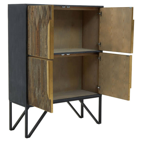 Textured wooden cabinet with a dark exterior and light wood doors, featuring two open compartments and a sleek metal frame with angled legs. The cabinet doors are slightly ajar, revealing the interior space