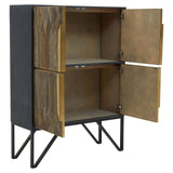 Textured wooden cabinet with a dark exterior and light wood doors, featuring two open compartments and a sleek metal frame with angled legs. The cabinet doors are slightly ajar, revealing the interior space