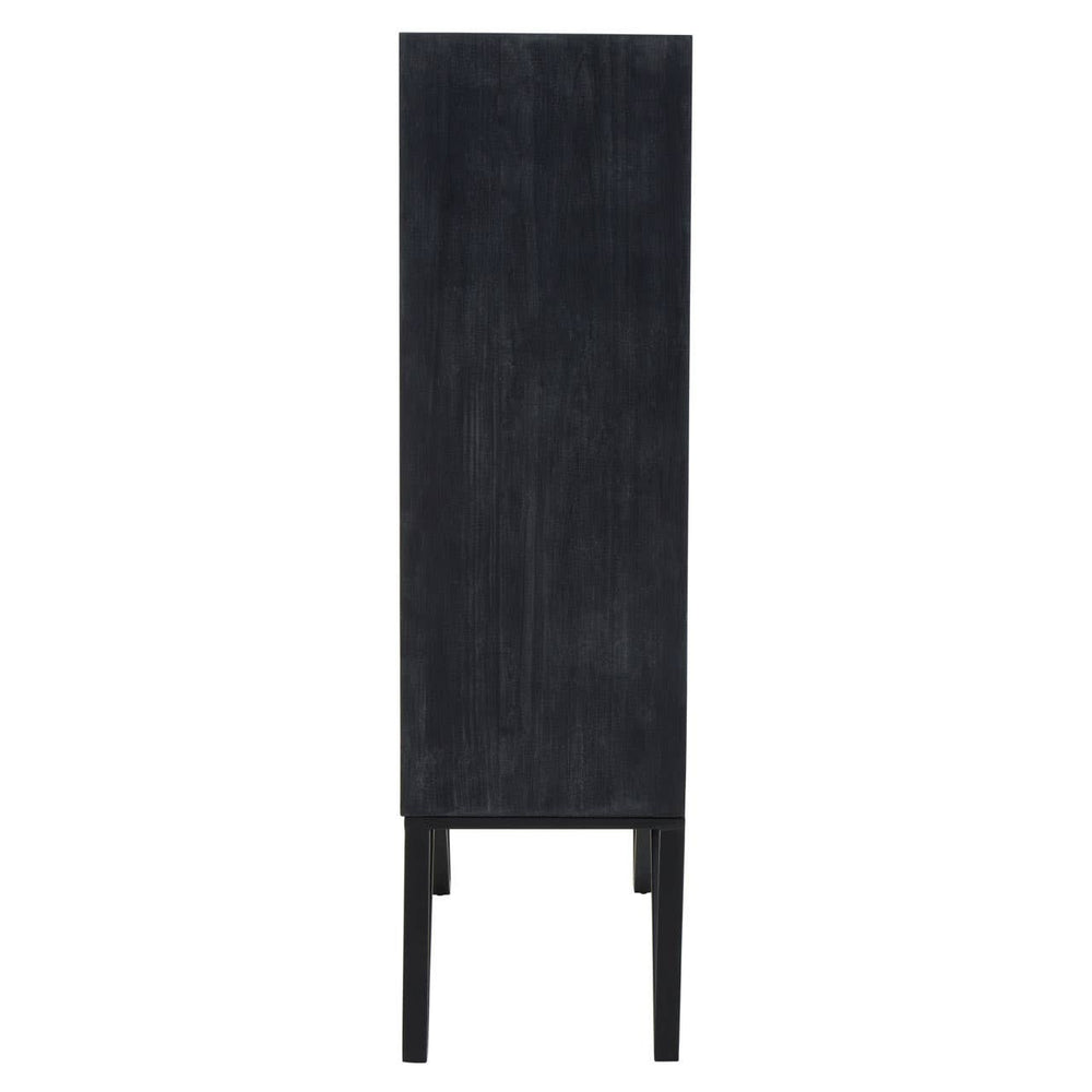Tall, narrow wooden cabinet with a textured black finish and four slender legs, featuring a minimalist design suitable for modern home decor