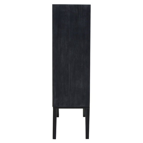 Tall, narrow wooden cabinet with a textured black finish and four slender legs, featuring a minimalist design suitable for modern home decor