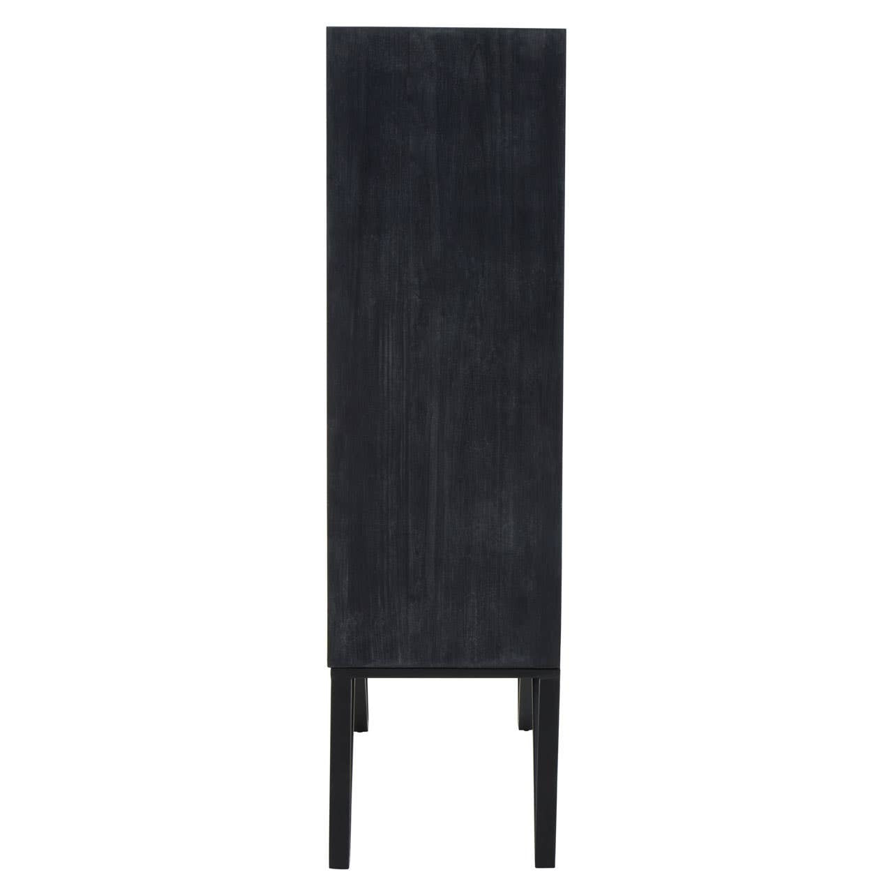 Tall, narrow wooden cabinet with a textured black finish and four slender legs, featuring a minimalist design suitable for modern home decor