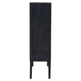Tall, narrow wooden cabinet with a textured black finish and four slender legs, featuring a minimalist design suitable for modern home decor