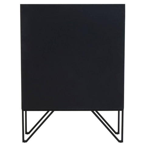 Textured black wooden cabinet with a minimalist design, featuring a sleek, angular metal base and a smooth front surface. The cabinet stands on four slender legs, adding a modern touch to any room
