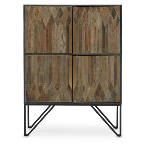 Textured wooden cabinet featuring a natural wood finish with a geometric pattern on the front, two spacious compartments, and a sleek gold handle. The cabinet is supported by a modern black metal frame with angled legs, adding a contemporary touch to home decor
