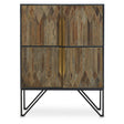 Textured wooden cabinet featuring a natural wood finish with a geometric pattern on the front, two spacious compartments, and a sleek gold handle. The cabinet is supported by a modern black metal frame with angled legs, adding a contemporary touch to home decor