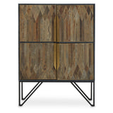 Textured wooden cabinet featuring a natural wood finish with a geometric pattern on the front, two spacious compartments, and a sleek gold handle. The cabinet is supported by a modern black metal frame with angled legs, adding a contemporary touch to home decor