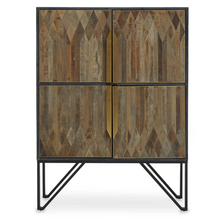 Textured wooden cabinet featuring a natural wood finish with a geometric pattern on the front, two spacious compartments, and a sleek gold handle. The cabinet is supported by a modern black metal frame with angled legs, adding a contemporary touch to home decor