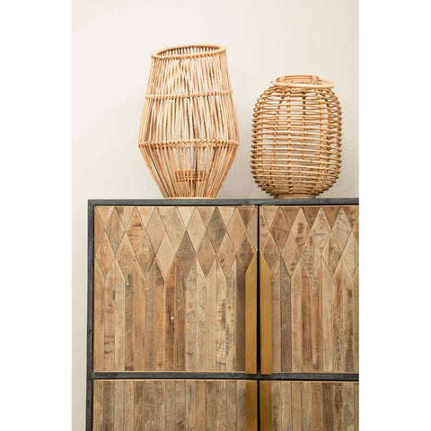 Textured wooden cabinet featuring a natural wood finish with a geometric pattern on the doors, complemented by two woven decorative baskets placed on top. The cabinet has a sleek, modern design with a gold handle
