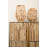Textured wooden cabinet featuring a natural wood finish with a geometric pattern on the doors, complemented by two woven decorative baskets placed on top. The cabinet has a sleek, modern design with a gold handle
