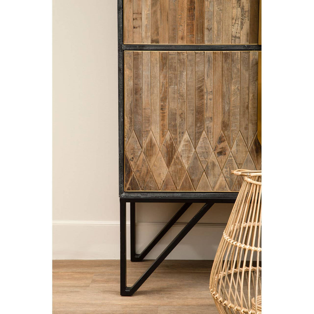 Textured wooden cabinet with a natural wood finish and black metal frame, featuring an open shelf design and angular legs, placed next to a woven basket on a light wooden floor