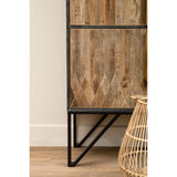 Textured wooden cabinet with a natural wood finish and black metal frame, featuring an open shelf design and angular legs, placed next to a woven basket on a light wooden floor