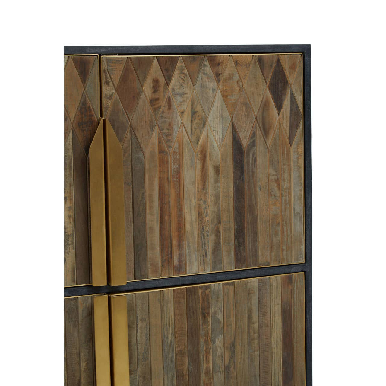 Textured wooden cabinet featuring a geometric pattern on the front, with a natural wood finish and sleek black metal accents. The cabinet has two sections, each with a horizontal gold stripe separating them