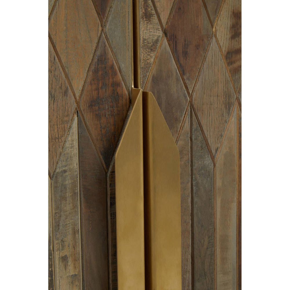 Textured wooden cabinet featuring a geometric diamond pattern in earthy tones, with a sleek gold handle positioned vertically between the cabinet doors