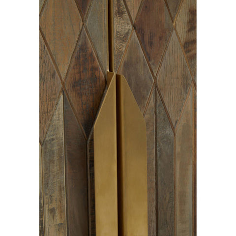 Textured wooden cabinet featuring a geometric diamond pattern in earthy tones, with a sleek gold handle positioned vertically between the cabinet doors