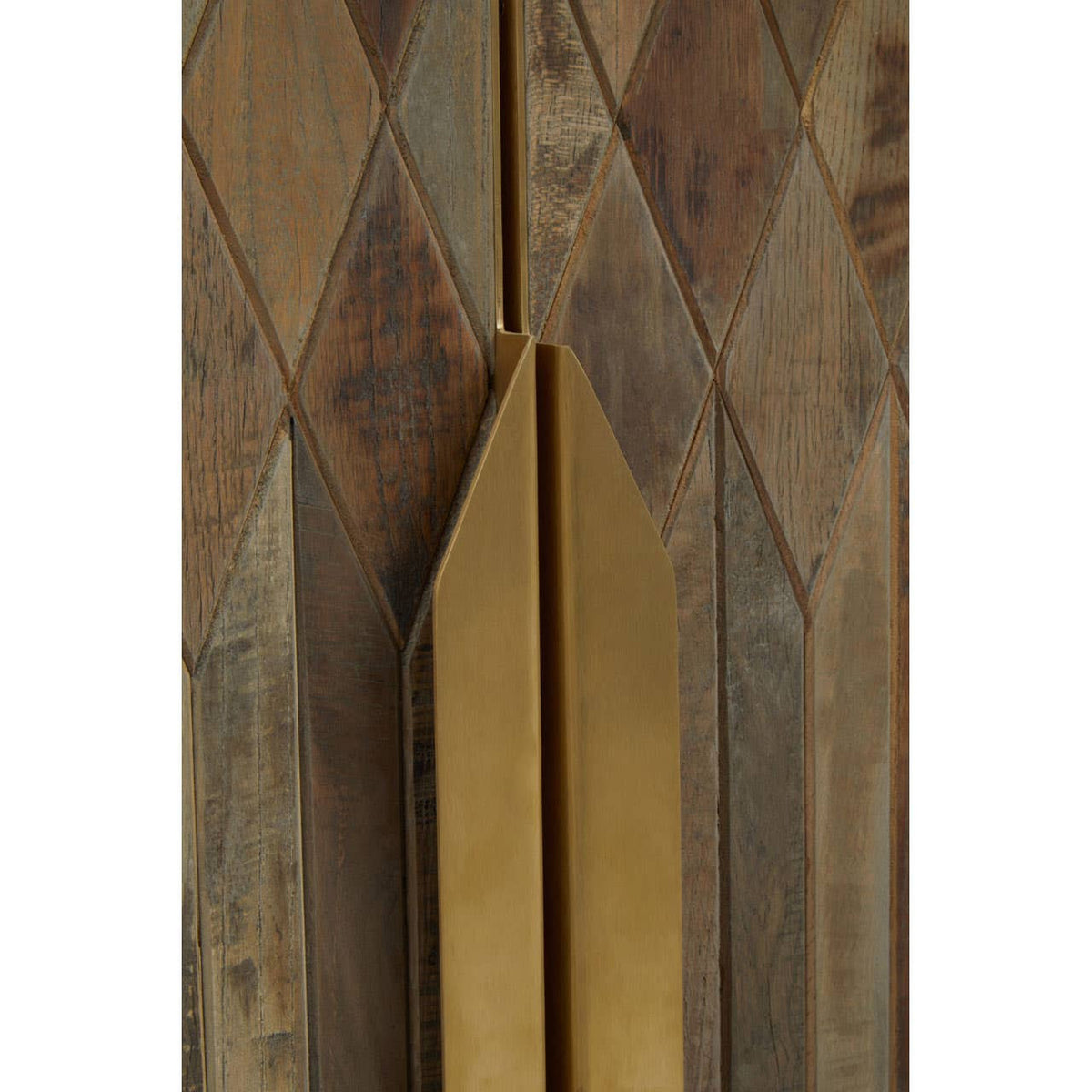 Textured wooden cabinet featuring a geometric diamond pattern in earthy tones, with a sleek gold handle positioned vertically between the cabinet doors